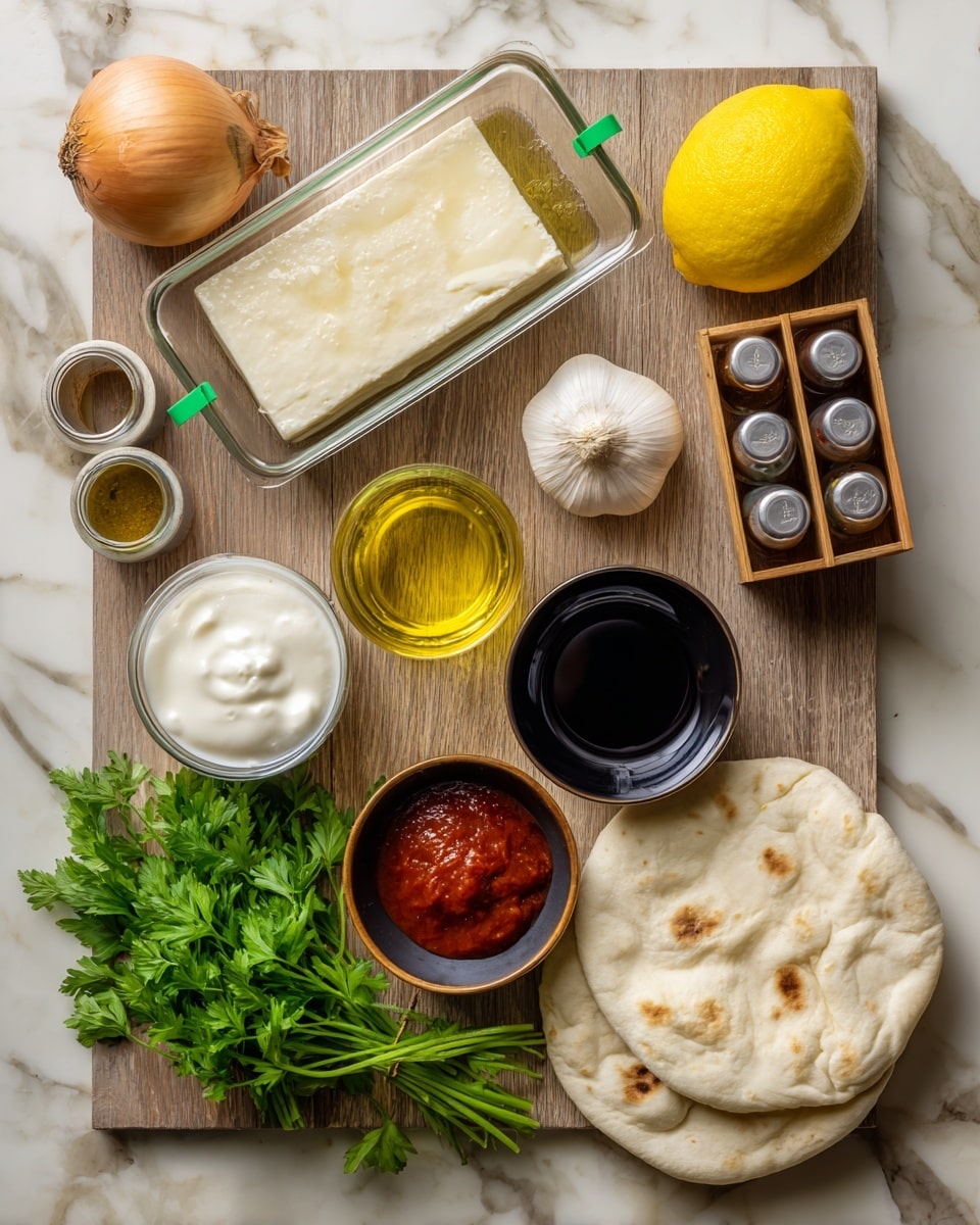 Two flatbreads are placed side by side on a large white plate with a brown textured rim, each flatbread showing a slight golden brown char. Each flatbread has a base layer of white creamy sauce spread evenly. On top, there is a thick layer of dark brown spiced minced filling with a crumbly texture. Thin round cucumber slices and halved small red cherry tomatoes are scattered on top of the minced layer, along with small pieces of finely chopped purple onion and green herb leaves spread across. The plate sits on a white marbled surface, with extra cucumber slices and chopped herbs around it. A clear glass bowl of red cherry tomatoes sits in the upper left corner and a clear glass bowl with white sauce and chopped herbs is on the upper right. A mustard-yellow cloth is partly visible on the left bottom corner. photo taken with an iphone --ar 4:5 --v 7