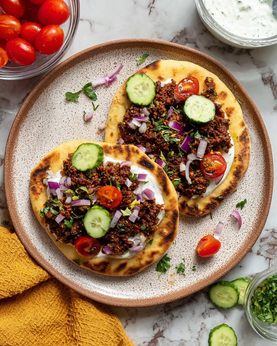 The image shows a close-up of a flatbread dish on a white plate, placed on a white marbled surface. The flatbread forms the base layer and appears golden brown with slightly darker, toasted edges. On top, there is a thick layer of finely crumbled cooked meat mixed with spices, dark reddish-brown in color, spread evenly across the flatbread. Scattered on top are slices of fresh green cucumber and halved bright red cherry tomatoes, adding fresh color contrast. Small pieces of chopped purple onion and green herbs are sprinkled over the meat, adding texture and brightness. The photo has a shallow depth of field, focusing on the food, and appears natural in warm lighting. photo taken with an iphone --ar 4:5 --v 7