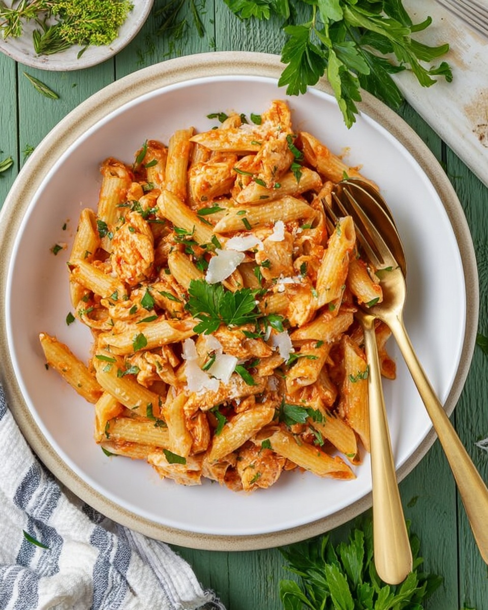 A white plate on top of a larger beige charger holds a serving of penne pasta mixed with tomato sauce and pieces of cooked chicken. The pasta has a light orange color from the sauce, and scattered green parsley bits add freshness on top. White grated cheese is sprinkled over the pasta in small clusters. Two gold-colored utensils, a spoon and a fork, rest on the right side of the plate partly stuck into the pasta. The plate is placed on a green wooden surface with some fresh parsley sprigs and a striped cloth nearby. Photo taken with an iphone --ar 4:5 --v 7