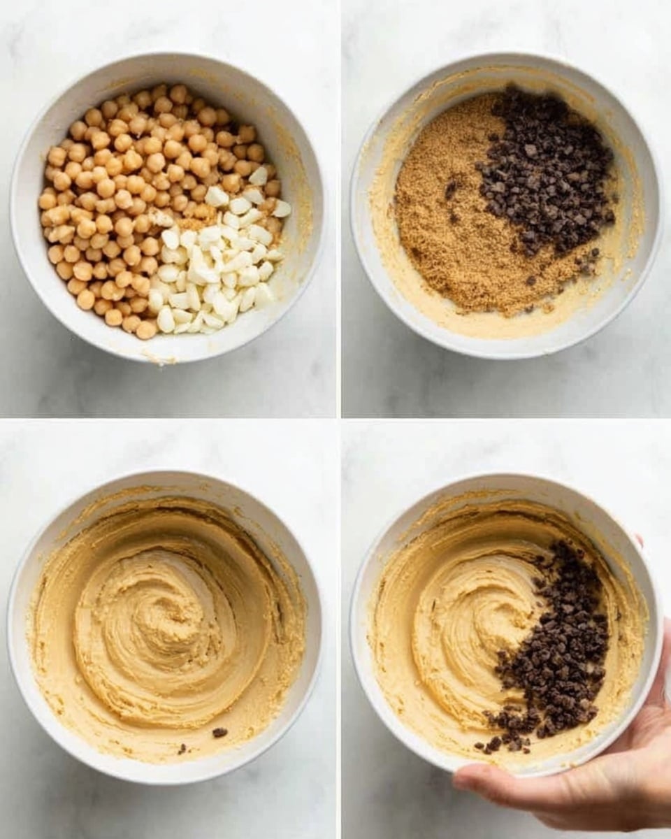 The image shows three stages of making a creamy hummus dip in a white bowl. In the first stage, the bowl holds brown chickpeas, light brown tahini, white garlic cloves, and a grainy beige powder. In the second stage, the ingredients are blended together into a smooth, creamy light beige mixture with swirls of thick texture, and a woman's hand is seen steadying the bowl. In the final stage, small dark brown bits are added on top of the creamy mixture, sitting on one side of the bowl as a contrasting layer. The bowl is placed on a white marbled surface. Photo taken with an iphone --ar 4:5 --v 7