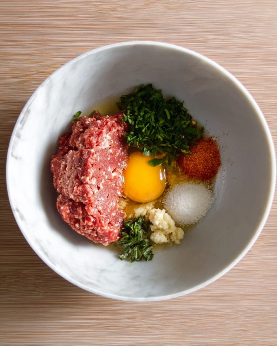 A white bowl filled with several ingredients layered inside, placed on a white marbled surface. The largest portion on the left side is raw ground meat, pink with a slightly coarse texture. To the right, there is a cracked raw egg with a bright yellow yolk and clear egg white. Above the egg, fresh green chopped herbs sit next to a small heap of white granules that look like salt. Nearby, orange-red powder spices and some light beige minced garlic are arranged in small portions. The bowl has soft shadows inside showing its depth. Photo taken with an iphone --ar 4:5 --v 7