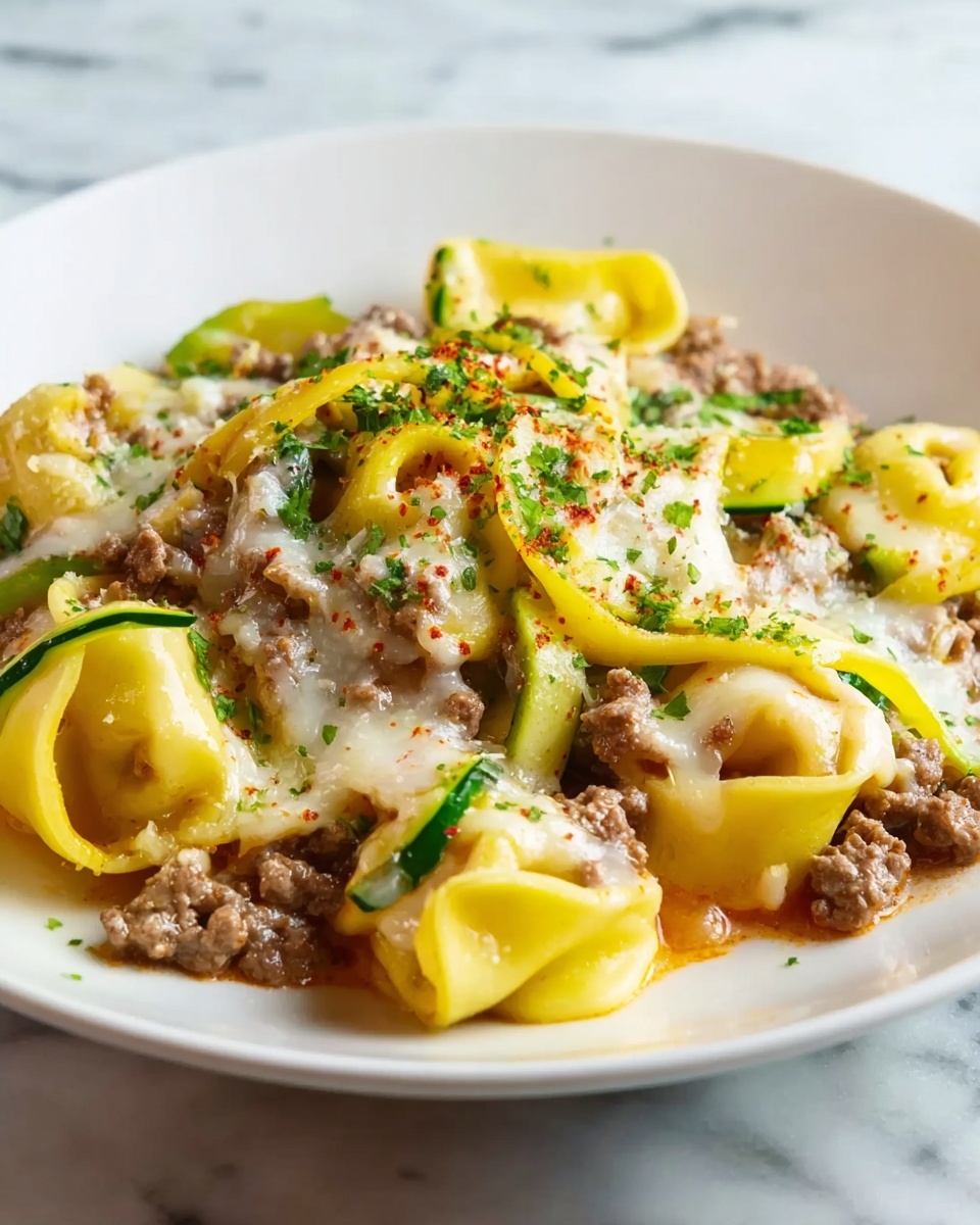 A close-up view of a dish with three layers showing cheese-covered tortellini pasta on top, which are pale yellow with smooth texture. Underneath, visible layers of small ground meat pieces in a brownish-gray color mixed with cooked yellow and green bell pepper slices. The dish is sprinkled with finely chopped green herbs and small dark specks that look like pepper or seasoning. All ingredients sit on a white plate with a white marbled surface in the background. photo taken with an iphone --ar 4:5 --v 7