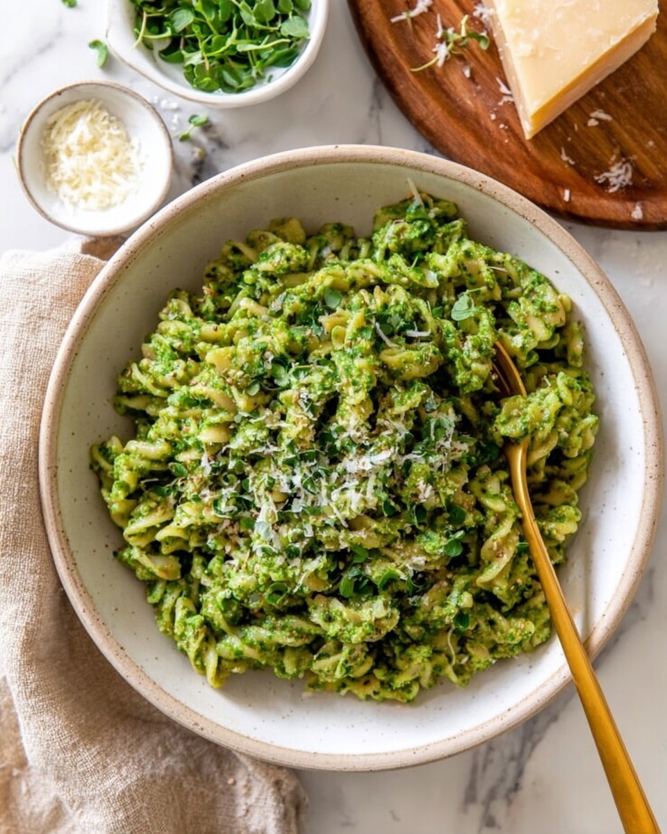 The image shows a white bowl with a thin black rim filled with pasta that has a bright green sauce. The pasta is curly and flat, with a slightly ruffled texture, covered thickly in a smooth green pesto. Some finely chopped herbs and tiny bits of grated cheese scatter on top, adding hints of darker green and white. A silver spoon with a long golden handle is placed inside the bowl, resting on the side. The bowl sits on a soft gray cloth on a white marbled surface. The lighting is bright, making the green sauce look fresh and vibrant. Photo taken with an iphone --ar 4:5 --v 7
