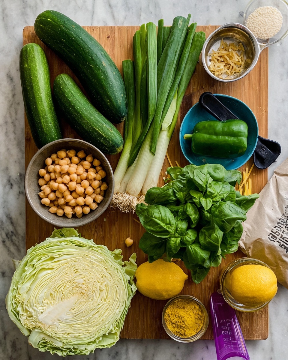 The image shows a wooden cutting board placed on a white marbled surface with fresh ingredients neatly arranged on it. From left to right on the board, there are two green cucumbers, two bunches of long green onions with white ends, a small metal bowl filled with round chickpeas, a green pepper, a small blue bowl full of fresh spinach leaves, and two large bunches of green basil leaves held by a black-handled measuring cup. In front of the board sits half a large round white cabbage with tightly packed layers. Below the board, part of a white bag of pasta, a whole dark brown avocado, a bright yellow lemon, a small white bowl filled with yellow powder, and a clear purple measuring cup with liquid can be seen. The whole arrangement is clean, colorful, and fresh. photo taken with an iphone --ar 4:5 --v 7