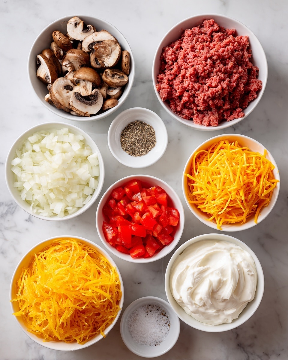 The image shows eight bowls arranged on a white marbled surface. At the top center is a white bowl filled with chopped brown mushrooms. To the right is a white bowl with bright red ground beef. Below the beef is a white bowl of chopped white onions. Near the onions is a small white bowl containing smooth whipped cream cheese. At the bottom center is a white bowl holding bright red diced tomatoes. To the left of the tomatoes is a white bowl filled with shredded orange cheddar cheese. Above the cheddar is a white bowl overflowing with bright yellow shredded spaghetti squash. At the top left corner, there are two small white bowls, one with salt and another with steak seasoning, having a mix of brown and red textures. photo taken with an iphone --ar 4:5 --v 7
