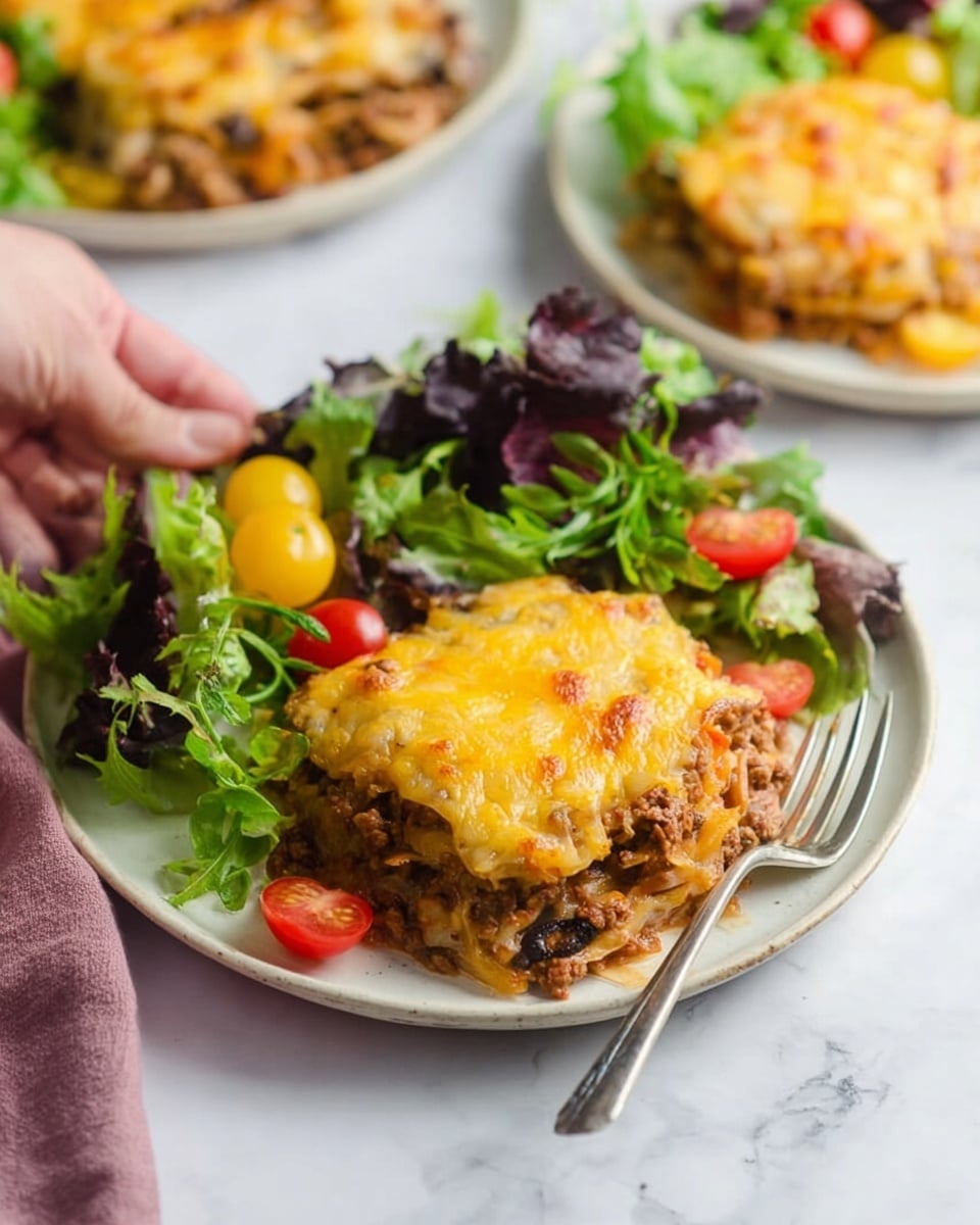 A white plate holds a layered dish with three thick layers: the bottom layer is a mix of cooked ground meat and vegetables with a soft texture and muted brown and red colors, the middle layer is a generous amount of melted golden-yellow cheese covering the top, and the top layer shows some browned spots on the cheese. Next to the main dish is a fresh green salad with different types of leafy greens, including dark purple and bright green leaves, mixed with halved yellow and red cherry tomatoes. The plate is placed on a white marbled surface with a fork resting on the upper right side of the plate, and a woman's hand is gently lifting the plate from the side. In the background, another white plate with the same dish is slightly out of focus. Photo taken with an iphone --ar 4:5 --v 7