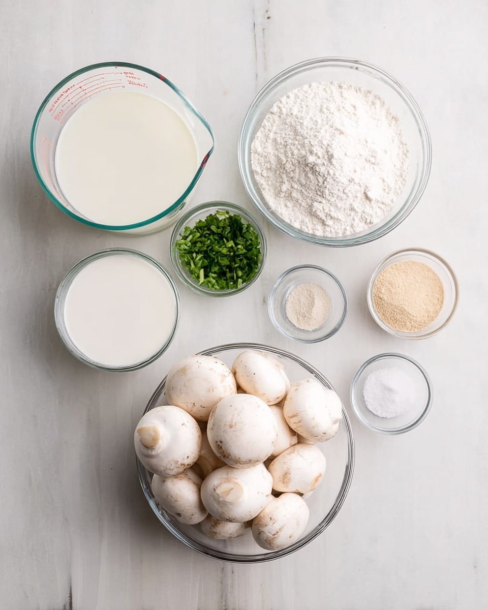 The image shows six clear glass bowls on a white marbled surface. At the bottom right, a bowl is full of whole white mushrooms. To the left of it, there is a bowl filled with white flour. Above the mushroom bowl, a small bowl holds chopped green herbs. Near the herbs, a tiny bowl contains white salt. At the top right, a small bowl carries a light brown powder. On the upper left, a clear measuring cup is filled with white milk. All items are arranged neatly in an overhead view. photo taken with an iphone --ar 4:5 --v 7