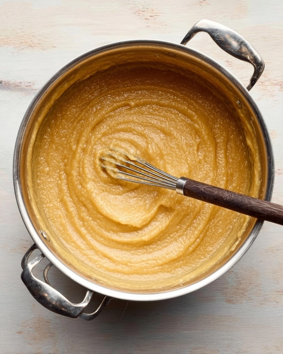 A close-up view of a large metal pot filled with thick, smooth, golden-brown mashed mixture. A metal masher with a dark handle rests inside the pot, partially submerged in the mash. The pot is placed on a white marbled surface, with the pot’s shiny silver handles visible on both sides. The texture of the mash looks creamy and uniform, with gentle swirling patterns on the surface where the masher has been used. photo taken with an iphone --ar 4:5 --v 7