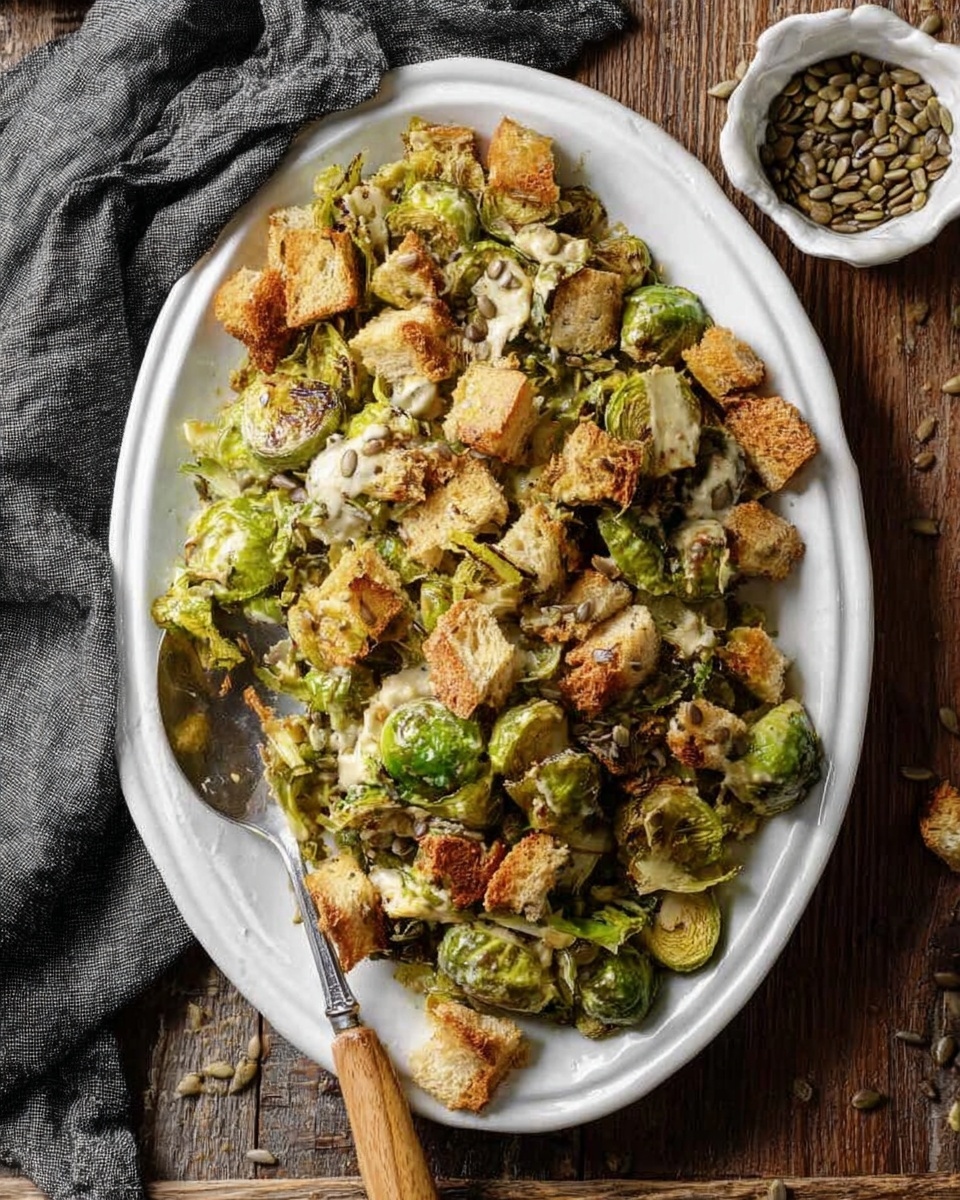 The image shows a close-up of roasted Brussels sprouts with a golden brown crust on the cut sides, layered with a light coating of melted cheese or sauce. Interspersed among the sprouts are crunchy, toasted bread pieces that are golden and slightly darker at the edges. The dish is served on a white plate with subtle ridges along the rim, with a wooden-handled fork partially visible holding some Brussels sprouts and bread chunks. The surface beneath the plate is a white marbled texture. photo taken with an iphone --ar 4:5 --v 7
