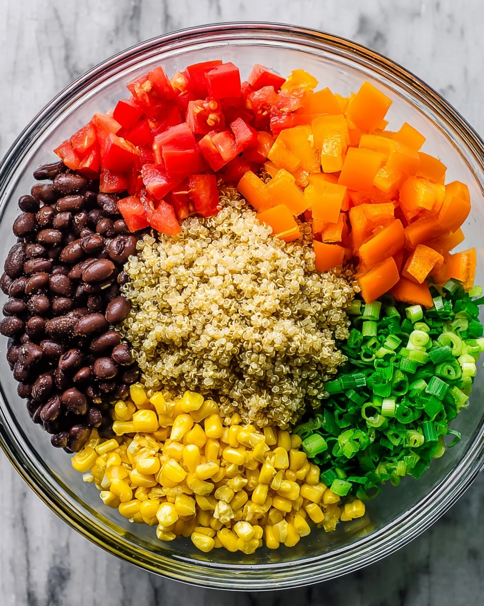 A clear glass bowl shows six separate layers of ingredients arranged side by side without mixing. At the top left, there are small red tomato cubes with a juicy texture. Next to the tomatoes, on the top right, are orange bell pepper cubes that look fresh and crisp. In the center is a pile of beige quinoa grains, fluffy and lightly textured. To the left of the quinoa, black beans fill a section with a smooth, shiny surface. At the bottom center, bright yellow corn kernels sit firmly in one layer. On the right bottom side, green chopped green onions add a fresh color and round shape. The bowl is placed on a white marbled surface. photo taken with an iphone --ar 4:5 --v 7