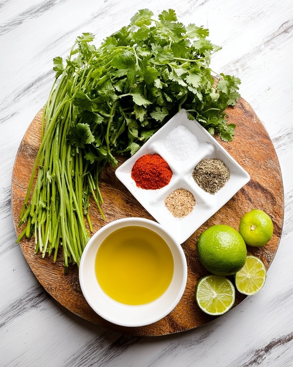 A round wooden board sits on a white marbled surface, holding fresh green cilantro bunch with long stems on the left side. Near the top right, a white square bowl contains five different spices arranged neatly in sections: white salt, red chili powder, brown ground spice, beige powder, and black pepper. A whole lime and two lime halves, showing pale green inner flesh, are placed on the right and bottom right sides of the board. On the bottom left of the board, a white bowl filled with golden yellow oil adds a smooth texture. The bright green, white, and warm brown colors create a fresh and natural look. Photo taken with an iphone --ar 4:5 --v 7