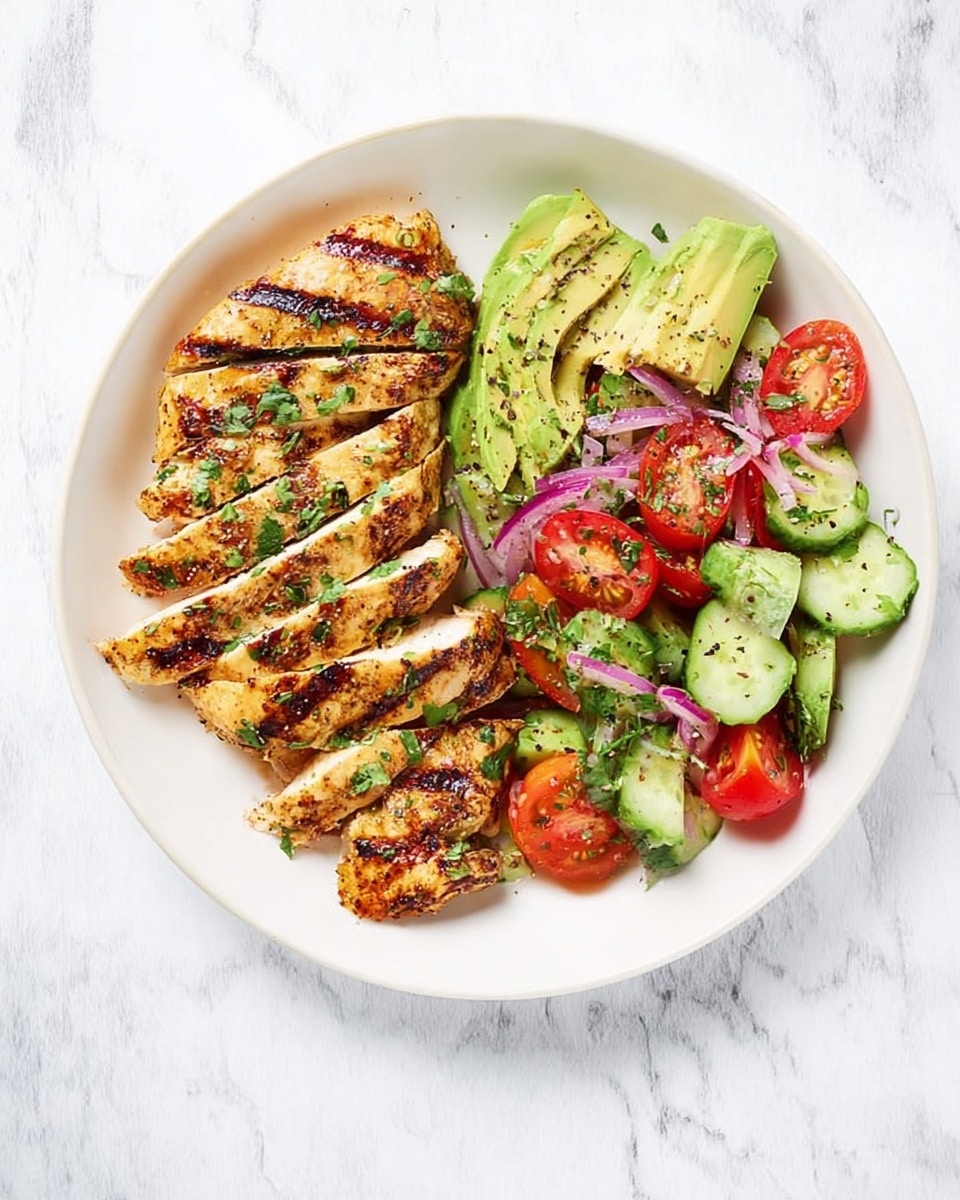 A white plate sits on a white marbled surface, holding two main parts: on the left are several slices of golden-brown grilled chicken with grill marks and sprinkled with small green herb pieces; on the right is a colorful salad with bright green avocado slices, shiny cucumber rounds, red cherry tomato halves, and pieces of purple pickled onion, all mixed with green herb bits and a light sprinkle of black pepper. The chicken and salad are arranged side by side, filling the plate evenly. photo taken with an iphone --ar 4:5 --v 7
