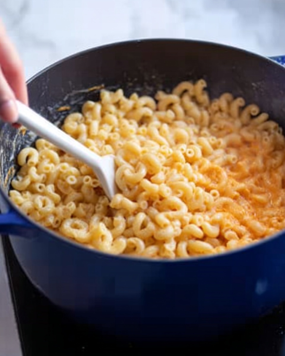 A close-up image shows a dark blue pot filled with cooked elbow macaroni pasta being stirred with a white spatula by a woman's hand. The pasta is mixed with an orange smooth sauce that covers about a third of the macaroni and sits on the right side of the pot. The macaroni looks soft and separate, filling the pot almost to the top. The background is softly blurred. The photo is taken on a white marbled surface. photo taken with an iphone --ar 4:5 --v 7