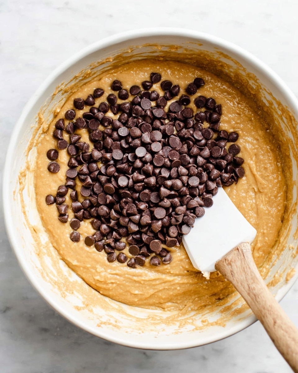 A white bowl with thick light brown batter fills most of the space. On the top right side of the batter, there is a large heap of small, shiny dark brown chocolate chips slightly piled up. A white spatula with a wooden handle is placed at the bottom right, partly dipped into the batter and touching the chocolate chips, blending them slightly. The inside edge of the bowl has some batter stains, and the bowl sits on a white marbled surface. photo taken with an iphone --ar 4:5 --v 7