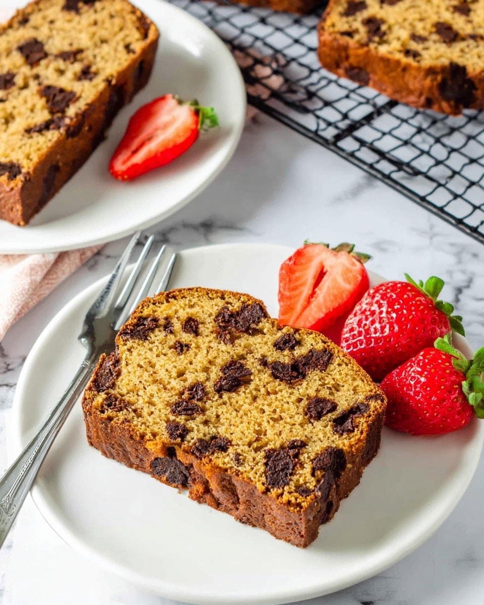 The image shows a white plate with a single slice of golden brown chocolate chip bread, dotted with melted dark chocolate chips throughout the moist texture. Next to the bread, on the right side of the plate, are three whole bright red strawberries with green leaves, along with one strawberry cut in half showing its juicy red inside. A silver fork is placed on the left side of the plate. In the background, there are two more slices of the same bread on white plates resting on a black cooling rack over a white marbled surface. photo taken with an iphone --ar 4:5 --v 7