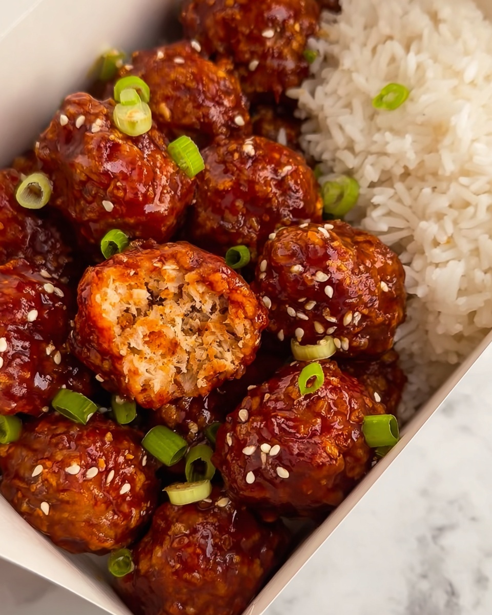 A close-up view of a white box filled with small, round reddish-brown meatballs covered in a shiny sauce, garnished with small green onion pieces and white sesame seeds. One meatball is cut in half, showing a textured inside with visible bits of orange and light-colored ingredients. On the top right side of the box is a pile of white rice with separate grains visible. The background is a white marbled surface. photo taken with an iphone --ar 4:5 --v 7