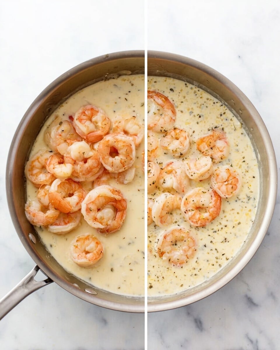 The image shows a silver pan with a creamy white sauce inside on a white marbled surface. In the pan, there are two layers: the base layer is a smooth light cream sauce with small black and green specks of seasoning, and the top layer consists of several pink-orange cooked shrimp arranged loosely on the surface of the sauce. The left side of the image shows more shrimp stacked in the center, while the right side shows the shrimp spread evenly in the cream sauce. photo taken with an iphone --ar 4:5 --v 7