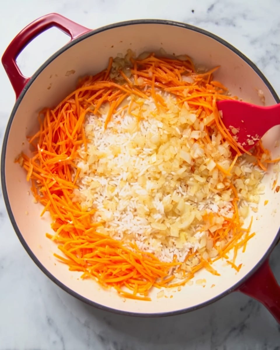 The image shows a white round pan with a dark rim and red handles on a white marbled surface. Inside the pan, there are three main layers arranged in a circular pattern: the outermost layer consists of long, thin, bright orange carrot strips, forming a ring around the edge; the next layer inward contains small, soft, cooked onion pieces in a pale yellow to light brown color, mixed with the carrots but more concentrated in patches; the center layer is white rice, slightly spread out and mixed with some light seasoning, giving a speckled appearance. A red spatula is partially visible on the right side, stirring the ingredients. The photo taken with an iphone --ar 4:5 --v 7