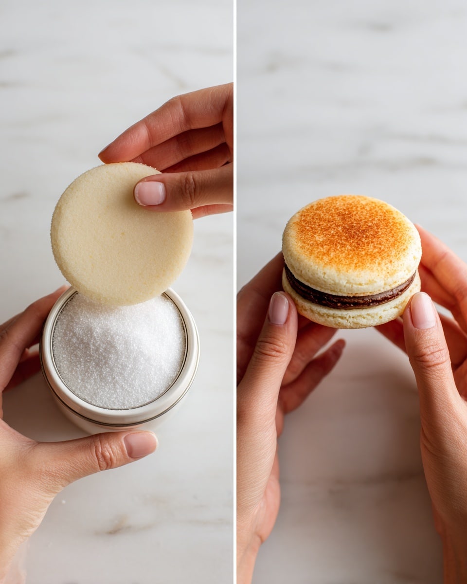 The image shows two steps of preparing a round biscuit-like item. On the left side, a woman's hand is holding a thin, pale beige, round disc and placing it vertically into a container filled with white granulated sugar. The container is white and sits on a white marbled surface. On the right side, two woman's hands are holding a round sandwich-style biscuit with a golden brown toasted top and a pale inside, showing a dark filling layer between the two biscuit halves. This is all set on a white marbled background. photo taken with an iphone --ar 4:5 --v 7