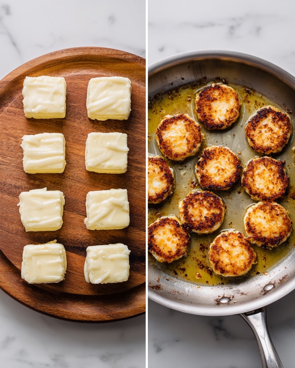The image shows two separate views: on the left, white slices of cheese neatly placed in rows on a round wooden board positioned on a white marbled surface, the cheese pieces are smooth and thick with some uneven edges. On the right, the same cheese slices are arranged in a silver frying pan, each piece golden brown with darker crispy edges, showing a textured surface from frying, the pan has some butter or oil residue, and the white marbled surface is visible below. photo taken with an iphone --ar 4:5 --v 7