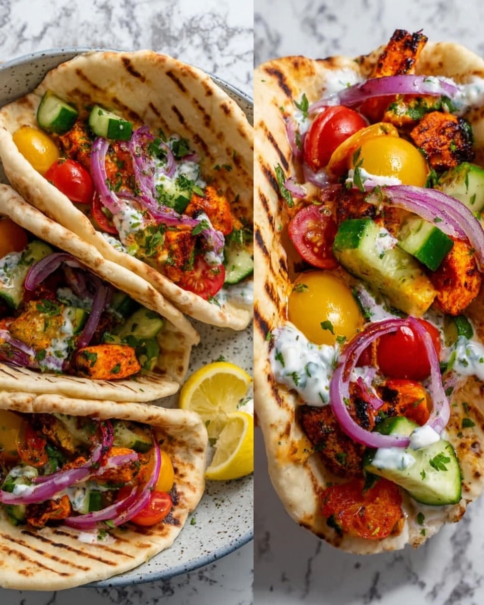 The image shows a close-up of three flatbread sandwiches on a white marbled surface. Each flatbread is slightly browned with grill marks and folded to hold a colorful mix of bright orange roasted pieces, green cucumber chunks, thin red onion rings, and halved yellow and red cherry tomatoes. There are some dollops of white sauce visible inside the sandwiches. To the side, there is a wedge of lemon adding a fresh touch to the composition. The vibrant colors of the ingredients contrast with the warm tones of the flatbread and the clean white marbled background, making the dish look fresh and inviting. Photo taken with an iphone --ar 4:5 --v 7