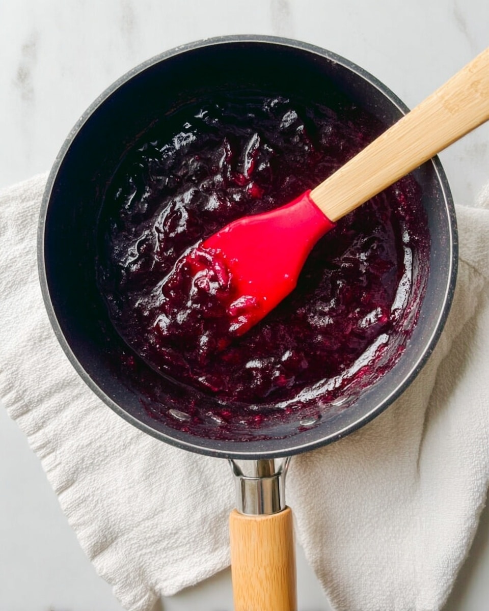 A close-up view of a black saucepan with a light wooden handle, containing a thick, dark purple sauce with a chunky texture. Inside the pan, a bright red silicone spatula rests on the sauce, partially immersed, showing some sauce on its surface. The saucepan is placed on a white marbled surface covered partially by a soft white kitchen towel under the handle. The overall scene is brightly lit with natural light, highlighting the rich, glossy texture of the sauce. photo taken with an iphone --ar 4:5 --v 7
