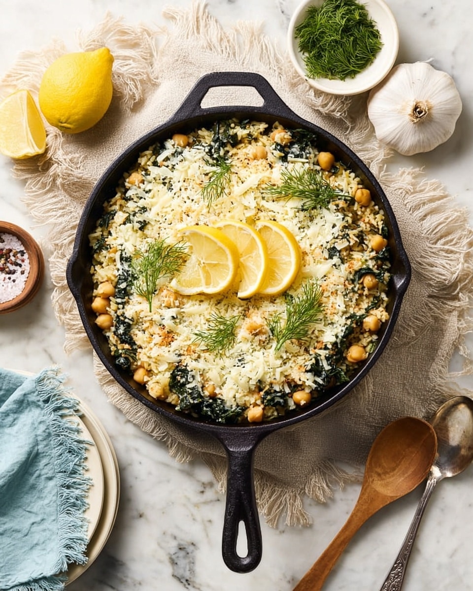 The image shows a black cast iron skillet filled with a baked dish that has a creamy, pale yellow top layer with melted cheese and green herb pieces spread evenly throughout. On top, there are three yellow lemon wedges placed neatly in the center along with a small bunch of fresh green dill for garnish. The skillet is on a wooden board, resting on a light beige cloth and a white marbled surface. In the background, there are stacked light brown bowls and extra lemon wedges on the side in a small white dish. Photo taken with an iphone --ar 4:5 --v 7