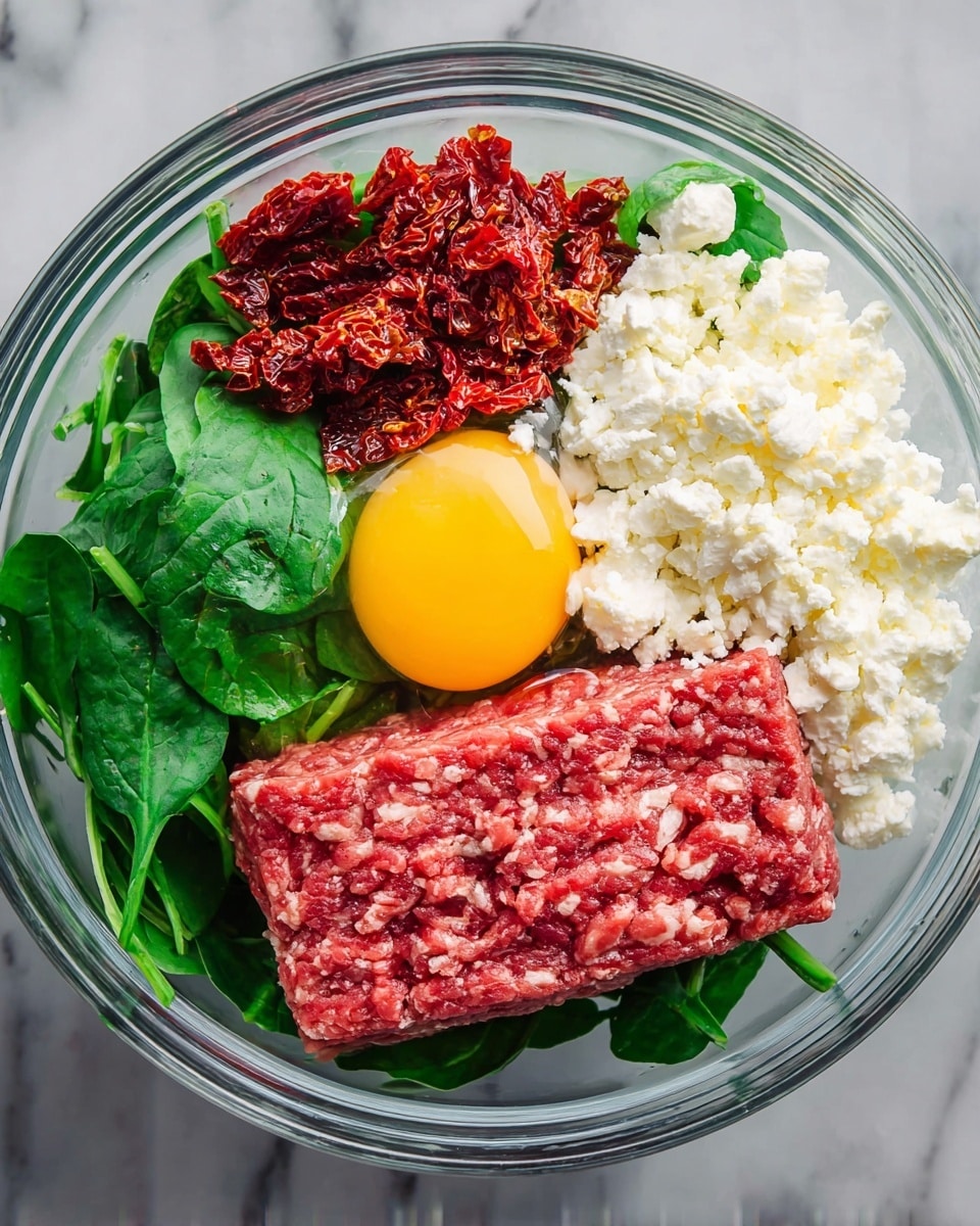 A clear glass bowl holds several distinct layers of ingredients arranged without mixing. On the bottom left, there are fresh green spinach leaves topped with a raw egg yolk shining brightly. On the top left, a pile of red sun-dried tomato pieces adds rich color and texture. In the center, a thick, rectangular block of raw ground meat shows a marbled red and pink texture. To the right of the meat, a heap of white crumbly cheese contrasts with the darker colors. The bowl is on a white marbled surface. Photo taken with an iphone --ar 4:5 --v 7