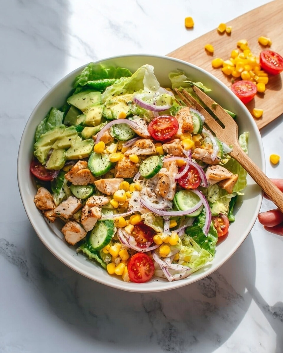 A white bowl filled with a colorful salad sits on a white marbled surface. The salad has several visible layers: a base of green lettuce leaves, then slices of green cucumber and avocado, yellow corn kernels scattered throughout, halved red cherry tomatoes, and thin rings of purple-red onion. On top, there are small pieces of cooked light brown chicken. A woman's hand holding a wooden fork rests on the right edge of the bowl, and some corn and tomato pieces are scattered around the bowl. The lighting is natural and bright, highlighting the freshness and colors of the ingredients. Photo taken with an iphone --ar 4:5 --v 7