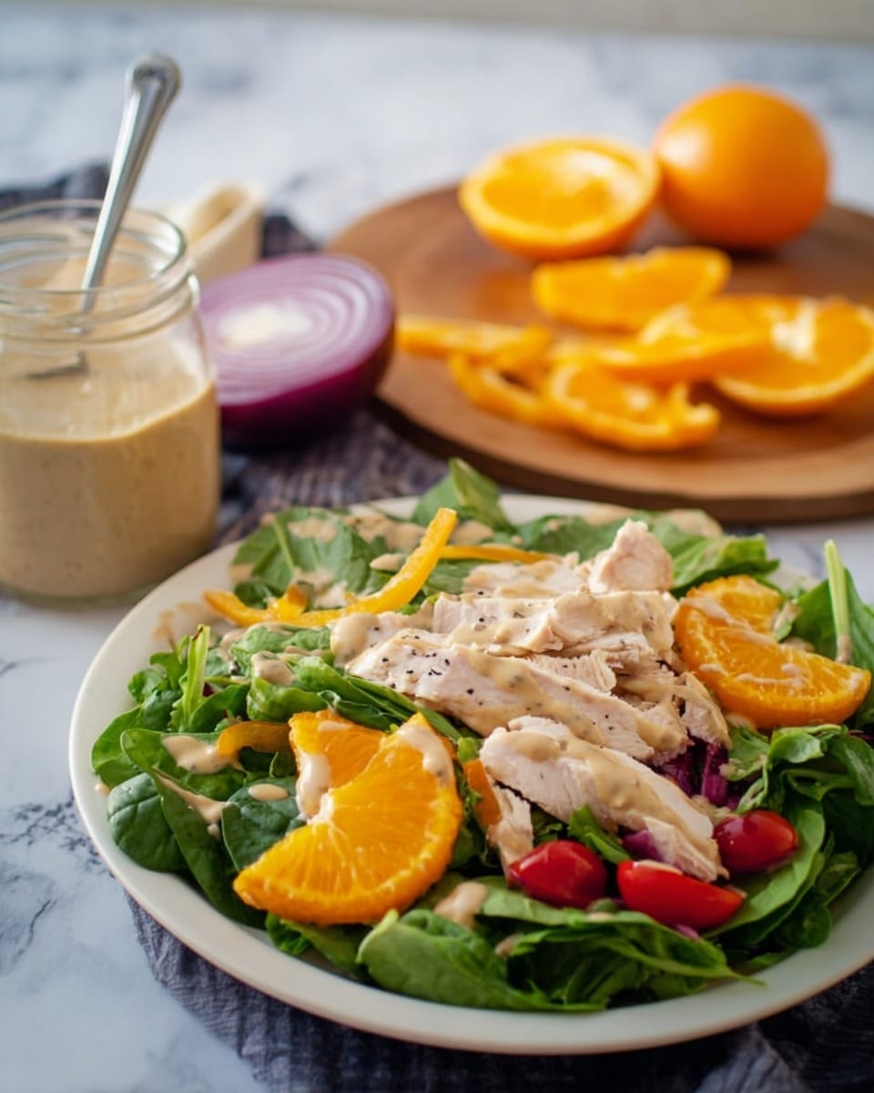 A clear glass jar filled with a creamy light brown sauce sprinkled with sesame seeds on top, with a silver spoon inside it. Behind the jar sits a white plate with a fresh salad consisting of dark green leafy vegetables, sliced yellow and red bell peppers, and pieces of white cooked chicken on top. In the background, there is a brown bowl with halved lemons and a halved purple onion on a white marbled surface. A dark bottle is also partially visible. Photo taken with an iphone --ar 4:5 --v 7