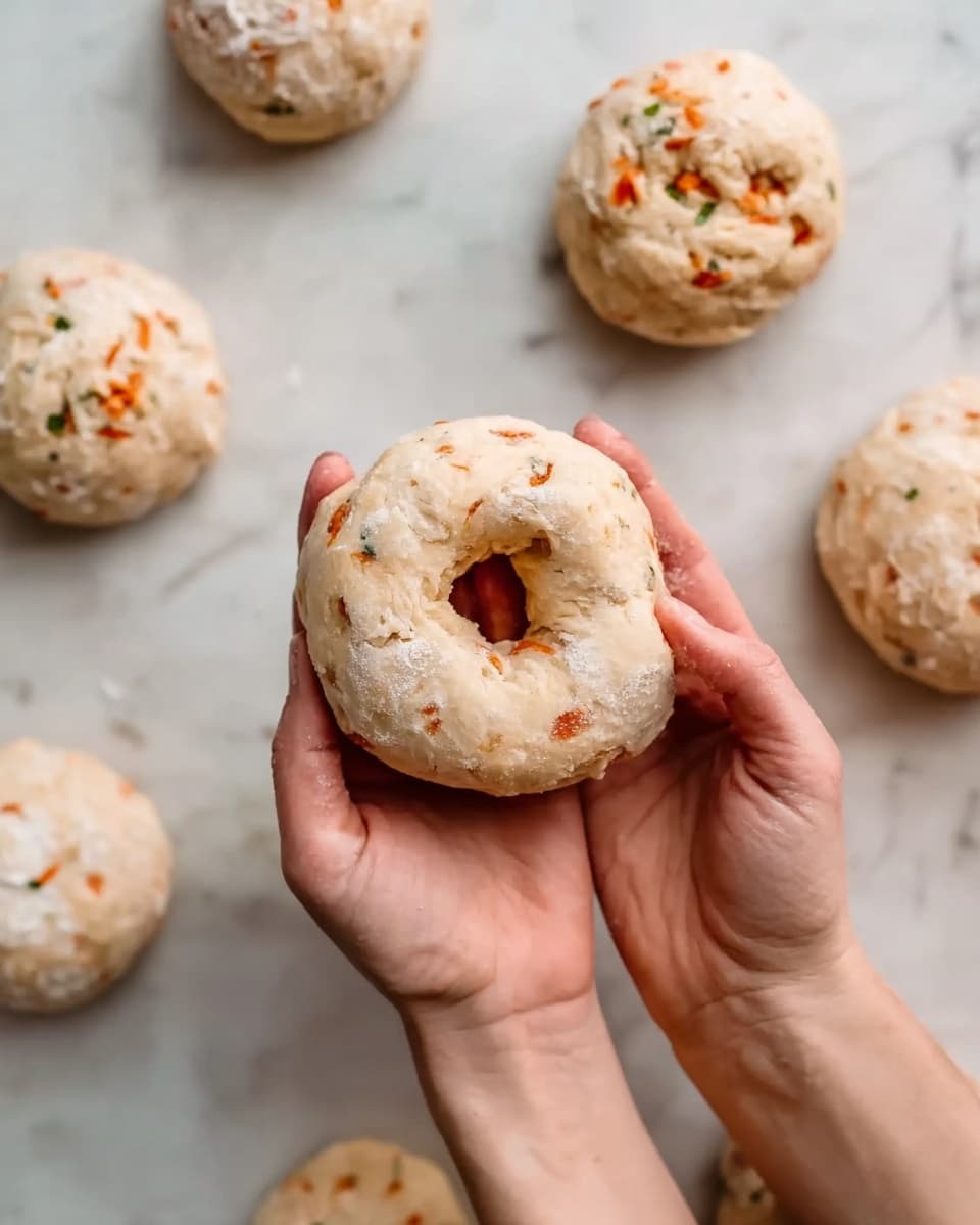 A pair of woman's hands holds a round raw dough piece with a hole in the center, ready for baking. The dough is light beige with small orange and green bits spread inside, giving it a speckled look. Around the hands, several other similar dough balls rest on a white marbled surface, all showing the same texture and toppings. The dough appears soft and slightly floured, suggesting preparations for baking photo taken with an iphone --ar 4:5 --v 7