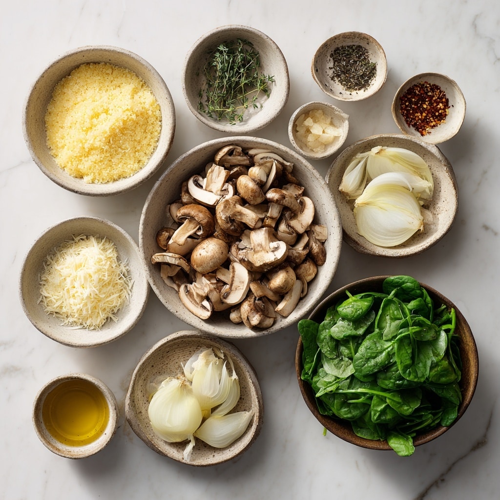 The dish shows a sandwich-like stack on a white plate with three main layers. The bottom layer is a lightly toasted yellow bread piece, topped with dark brown cooked mushrooms and some spinach leaves. The middle layer is a thick, fluffy yellow egg layer, covered again by dark cooked mushrooms and melted white cheese that drips slightly over the edges. The top layer is another piece of toasted yellow bread with more mushrooms and cheese on top, creating a rich, creamy look. The background has a dark setting with a blurred second plate holding a similar stack, all placed on a white marbled surface. Photo taken with an iphone --ar 4:5 --v 7