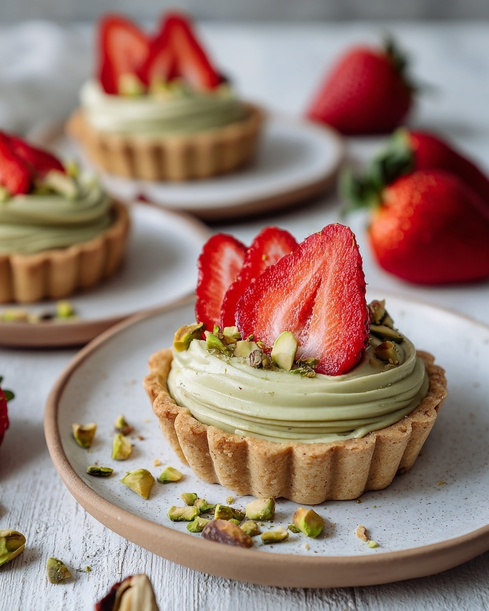 Three small tartlets sit on a round white plate with a speckled border, placed on a white marbled surface. Each tartlet has a golden brown crust filled with a pale green creamy layer topped with two halves of bright red strawberries showing their seeds and green leaves. Small pieces of crushed pistachios are sprinkled on top of the cream around the strawberries. Around the plate, there are some whole strawberries and small green leaves scattered for decoration. The light is soft, highlighting the textures and colors clearly. photo taken with an iphone --ar 4:5 --v 7