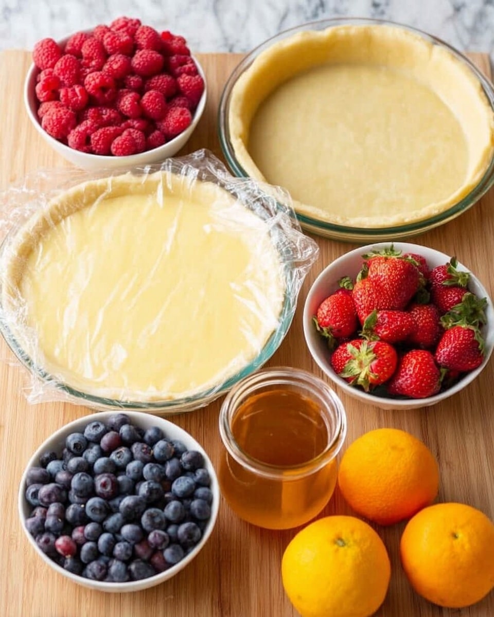The image shows the ingredients for a fruit tart arranged on a wood surface. There are two clear glass pie dishes, one with a smooth, pale yellow creamy filling covered with clear plastic wrap on the left, and the other with a plain, pale yellow crust pressed evenly into the dish on the right. Around these dishes are small bowls filled with fresh berries: a white bowl of bright red raspberries, a white bowl of dark blue blueberries, and a white bowl of ripe red strawberries with green leaves. There are also two small oranges next to the bowls. In front of the dishes and bowls stands a short glass jar filled with golden amber honey or syrup. The background is a white marbled texture. photo taken with an iphone --ar 4:5 --v 7
