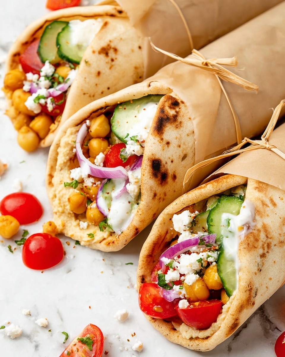 Three wraps sit close together on a white marbled surface, each wrapped halfway in light tan parchment paper tied with thin beige string. The wraps have soft, golden-brown pita bread with small dark spots from cooking, filled in layers starting with light beige hummus at the bottom, followed by round, golden chickpeas. On top, there are chunks of fresh red cherry tomatoes and bright green cucumber slices, with dollops of white creamy sauce and white crumbly cheese sprinkled around. Thin slices of purple onion and small bits of chopped green herbs add more color to the top. Scattered around the wraps on the surface are pieces of tomato and cucumber. photo taken with an iphone --ar 4:5 --v 7