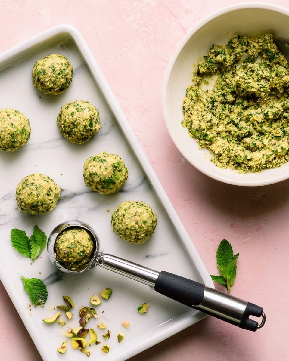 The image shows a white tray with seven light green herb and nut balls arranged on it, with one being held by a silver ice cream scoop with black handles above the tray. Next to the tray, there is a white bowl filled with the same green herb mixture, which has a coarse and slightly crumbly texture. Small pieces of nuts and green herbs are scattered around the tray on a pink surface. Fresh green herb leaves are also visible near the tray. The background is changed to a white marbled texture. Photo taken with an iphone --ar 4:5 --v 7