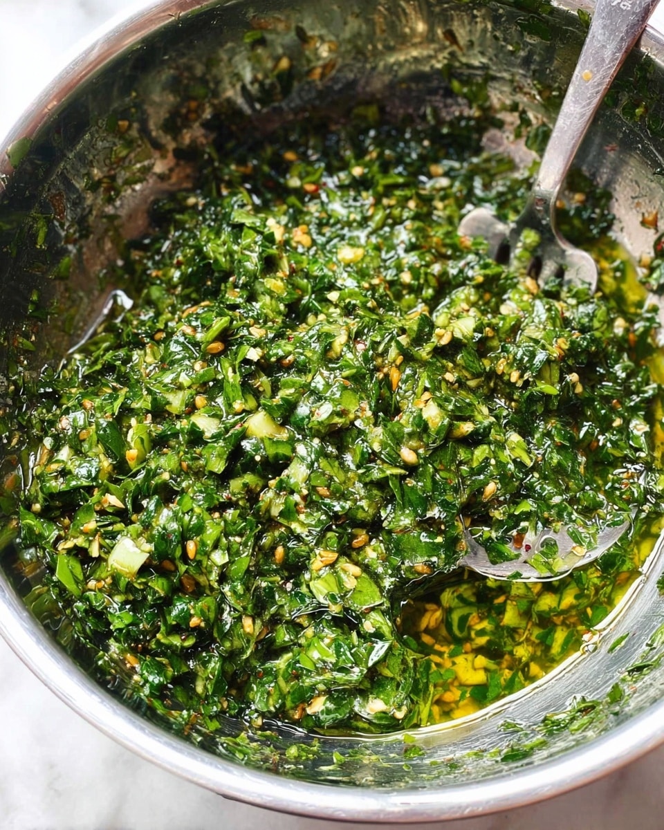 This image shows a close-up of a shiny metal bowl filled with a bright green mixture that looks like finely chopped herbs mixed with oil. The mixture has a chunky, wet texture with small bits of various green leaves and yellowish seeds spread throughout. A metal fork is partially submerged on the right side of the bowl, resting against the bowl’s edge. The background surface is a white marbled texture. Photo taken with an iphone --ar 4:5 --v 7