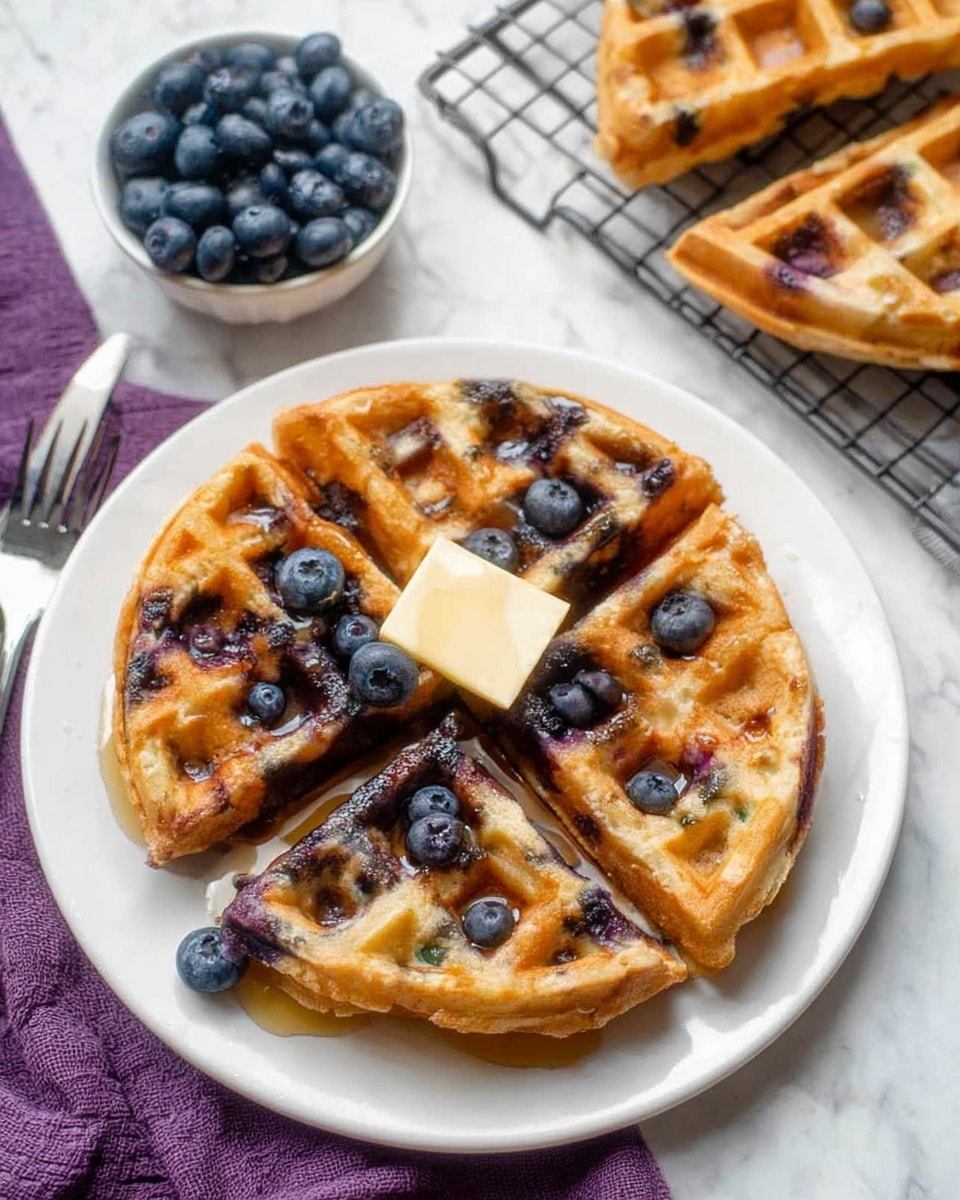 A white round plate holds a large blueberry waffle cut into five pieces, arranged in a circle with one piece slightly lifted showing the inside texture. The waffle is golden brown with visible dark purple blueberry spots. On top of the pieces, there is a small square of melting butter and several plump blueberries scattered mainly on the center-left side. The waffle is lightly covered with syrup pooling in some of the squares. Behind the plate to the top left, there is a small white bowl filled with blueberries. To the top right, part of a cooling rack is visible with more waffle pieces and blueberries on it. The whole setup is placed on a white marbled surface with a folded purple cloth and a fork partially seen on the left side. Photo taken with an iphone --ar 4:5 --v 7