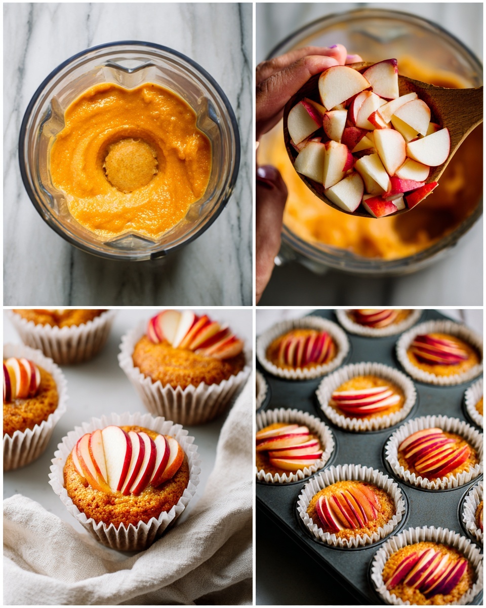 The first image shows a clear blender with raw ingredients including an egg, orange mashed substance, and various powders layered inside, resting on a white marbled surface. The second image shows the blender again with the ingredients mixed into a smooth orange batter, topped with chopped red and white apple pieces, with a woman's hand holding a wooden spatula resting inside the blender. The third image features a dark muffin tray filled with white paper liners, each containing an orange batter base topped carefully with thin slices of red and white apple arranged in a fan shape. The fourth image presents the baked muffins on a white marbled surface with a soft white cloth underneath, showing a golden-brown top with apple slices arranged similarly, soft texture and slight rise, with some muffins in focus and others blurred in the background, photo taken with an iphone --ar 4:5 --v 7