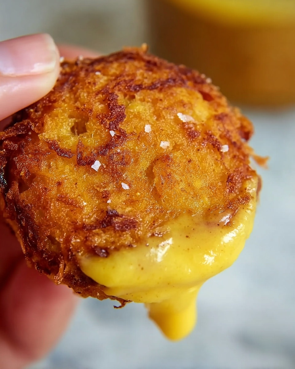 A close-up image of a small round crispy brown fritter being held by a woman's hand, partially dipped in a smooth, bright yellow sauce. The fritter has a rough texture with visible grated pieces and a golden-brown crispy surface sprinkled with a few grains of salt. The background shows a white marbled surface with a blurred brownish liquid container in the corner. photo taken with an iphone --ar 4:5 --v 7