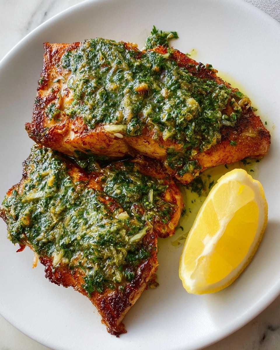 The image shows two pieces of cooked fish with a golden brown crust, topped with a green herb sauce that looks thick and slightly oily with visible bits of herbs. The top fish piece is larger and has crispy edges, while the smaller piece below it has a similar herb coating and slight char marks. To the right of the fish, a bright yellow lemon half rests on the white plate. The plate sits on a white marbled surface. Photo taken with an iphone --ar 4:5 --v 7