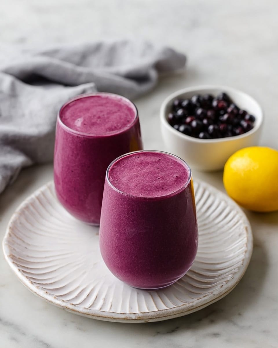 The image shows two glasses filled with a thick purple smoothie. The smoothie has a smooth, creamy texture and reaches the top edge of each glass evenly. The glasses rest on a round white plate with delicate ridges on the edge. Behind the glasses, there is a soft light gray cloth and a small white bowl filled with dark purple berries. To the right, a bright yellow lemon adds a pop of color on the white marbled surface. The light is soft, giving a fresh and clean feel to the scene. photo taken with an iphone --ar 4:5 --v 7