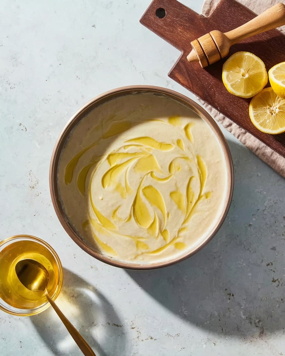 A round metal pan filled with one thick layer of pale batter that has swirls of bright yellow oil spread unevenly on top. To the bottom left of the pan, there is a small glass bowl with a golden-yellow liquid inside, and a gold spoon resting on the bowl's rim with some liquid on it. To the upper right of the pan, a dark wooden cutting board holds a wooden citrus reamer and two halves of a yellow lemon. All items are placed on a white marbled textured surface with soft natural light casting shadows. photo taken with an iphone --ar 4:5 --v 7