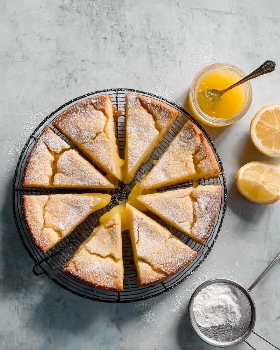 The image shows a round lemon cake cut into six triangular slices on a white marbled textured surface. Each slice has a light golden crust layer on the outside, a soft, pale yellow cake layer in the middle, and a glossy lemon filling layer visible in the middle of the two slices being lifted by a knife with a wooden handle. The top of the cake is dusted with fine powdered sugar, adding a soft white texture. In the background, there are two halved yellow lemons adding bright yellow color contrast. The photo taken with an iphone --ar 4:5 --v 7