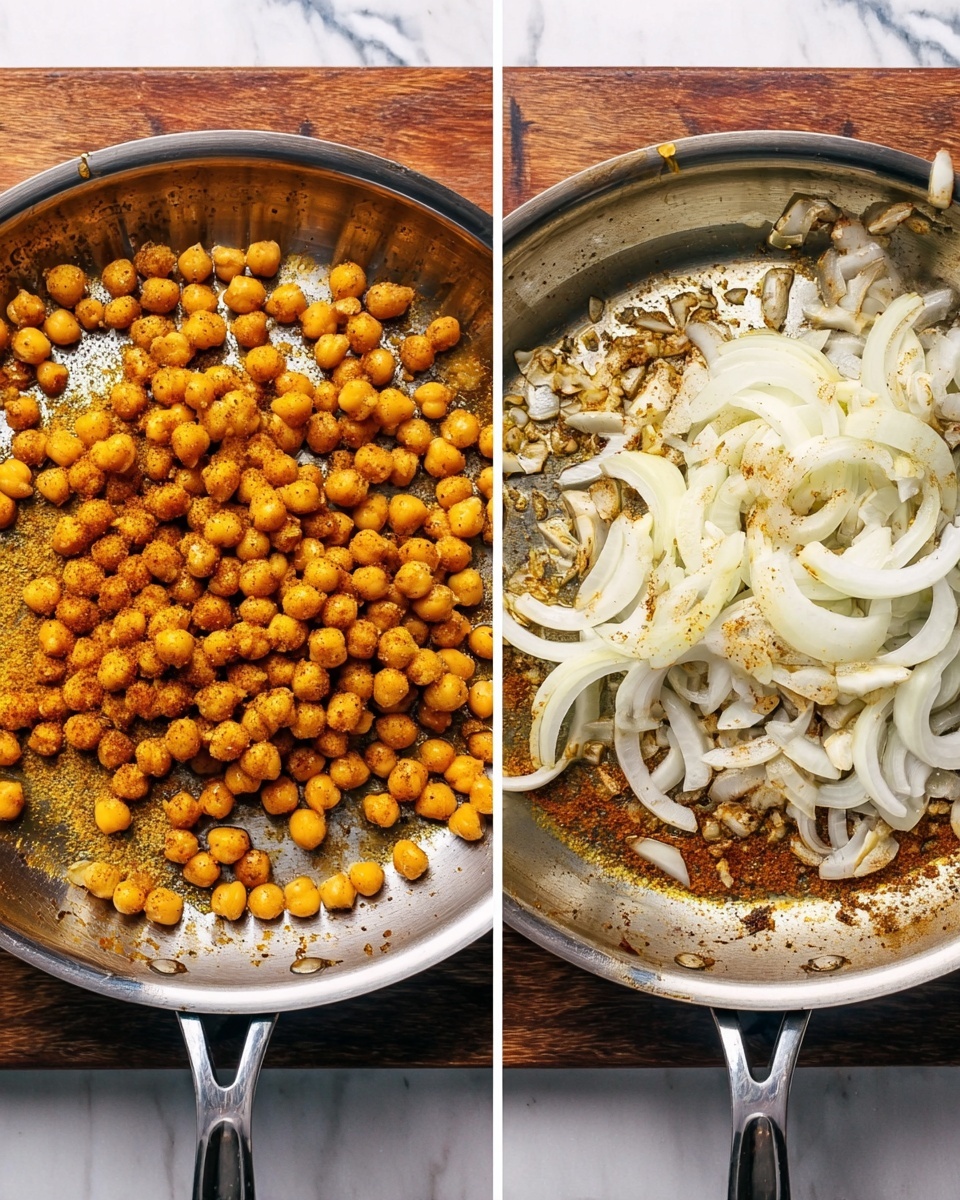 The image shows two side-by-side frying pans on a wooden surface. The left pan contains one layer of small round chickpeas, coated evenly in a golden-brown spice mix, spread across the entire pan with a slightly shiny texture. The right pan has a single layer of sliced white onions and finely chopped garlic, scattered loosely with some overlapping pieces, showing a translucent and fresh look with slight oil residue in the pan. Both pans have a metallic shine and the background around them is a white marbled texture. photo taken with an iphone --ar 4:5 --v 7