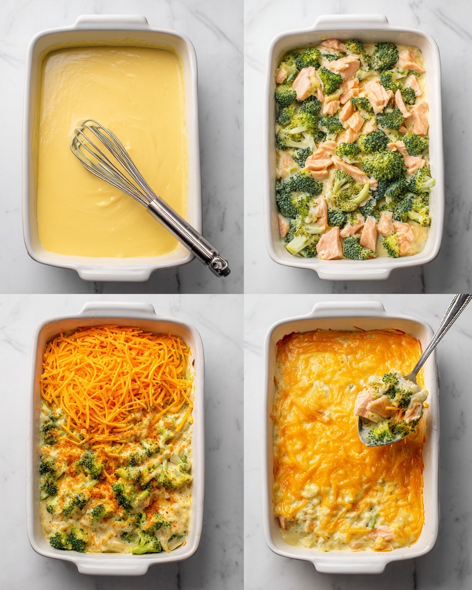 The image shows four stages of making a broccoli cheese casserole in a white rectangular dish on a white marbled surface. The first layer is a smooth yellow sauce with a metal whisk inside. The second layer adds bright green broccoli and pale chunks of salmon mixed through the yellow sauce. The third layer sprinkles shredded orange cheese evenly on top of the broccoli and salmon mix. The fourth layer shows the baked casserole with melted golden cheese covering the green broccoli and white salmon pieces, with a spoon lifting a portion out. Photo taken with an iphone --ar 4:5 --v 7