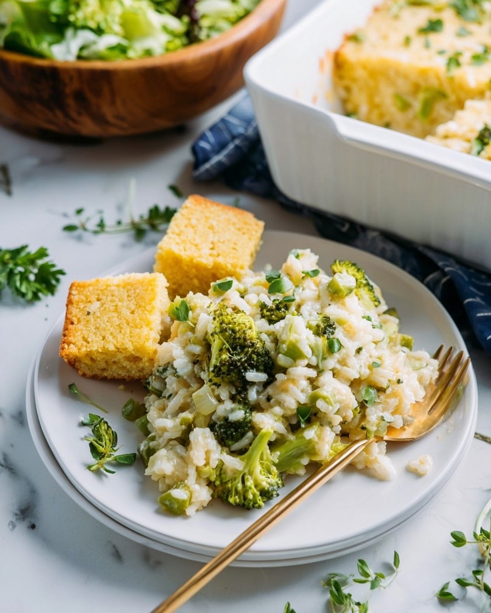A white plate on a white marbled surface holds a creamy rice dish mixed with bright green broccoli pieces, topped with small green herb leaves. Two square pieces of golden cornbread sit on the edge of the plate. A gold fork rests partly in the rice on the right side. In the background, a wooden bowl filled with leafy salad greens is partially visible on the left, and a white casserole dish with the same rice and broccoli mixture is seen on the right. Fresh green herbs are scattered around lightly on the surface. Photo taken with an iphone --ar 4:5 --v 7