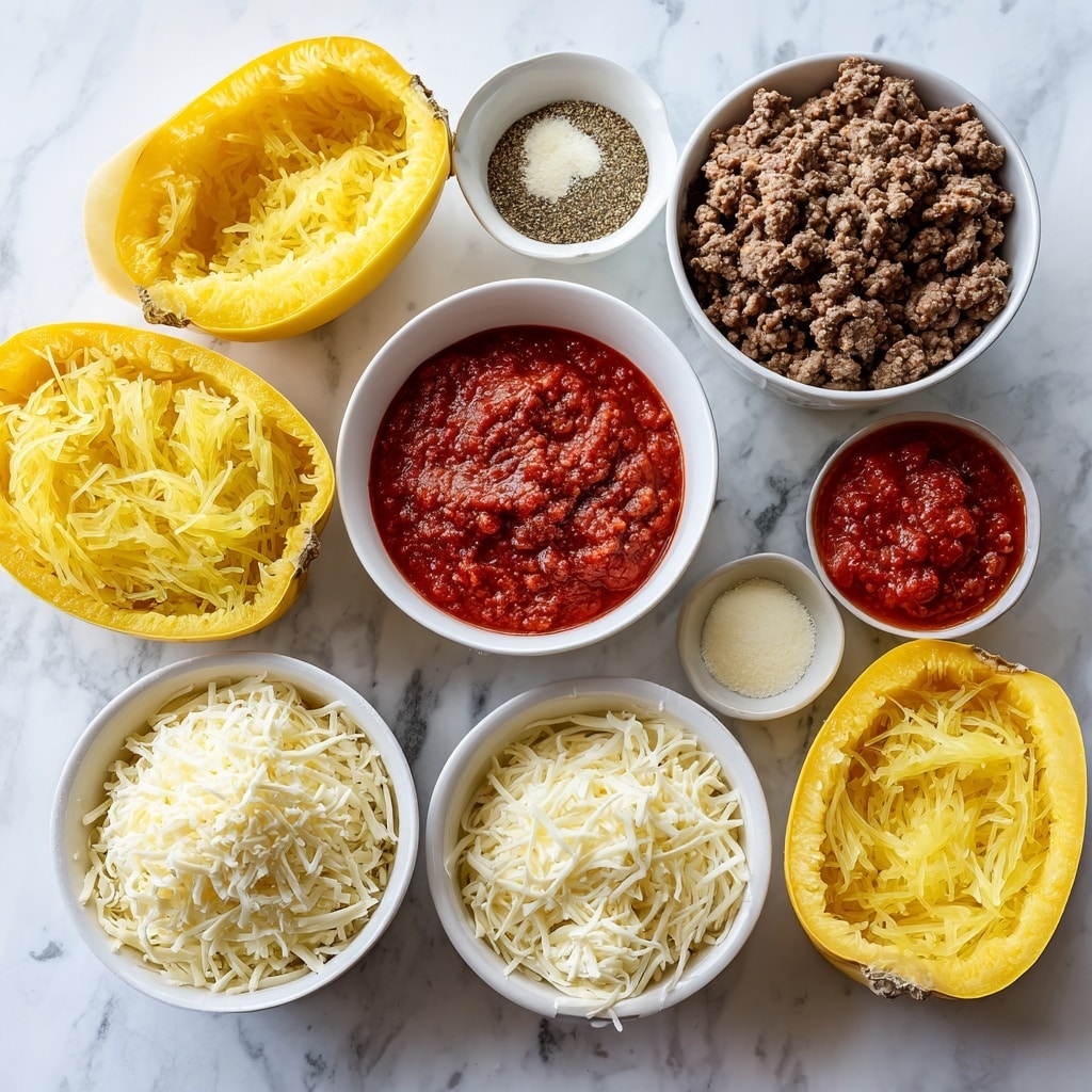 A textured white plate holds a layered dish with two main parts: a base of golden-yellow spiral strands resembling cooked spaghetti squash on the right, topped with a thick layer of reddish-brown meat sauce mixed with small chunks of meat and tomatoes in the center and left. The top layer is melted, slightly browned cheese that covers the meat sauce with some burnt spots. A black and gold fork is partially inserted into the food on the plate. To the right, a round baked dish with a golden-brown crust and melted cheese is partially visible on white parchment paper. Above the plate, there is a small white bowl with coarse black and white pepper. The entire scene rests on a white marbled surface. photo taken with an iphone --ar 4:5 --v 7