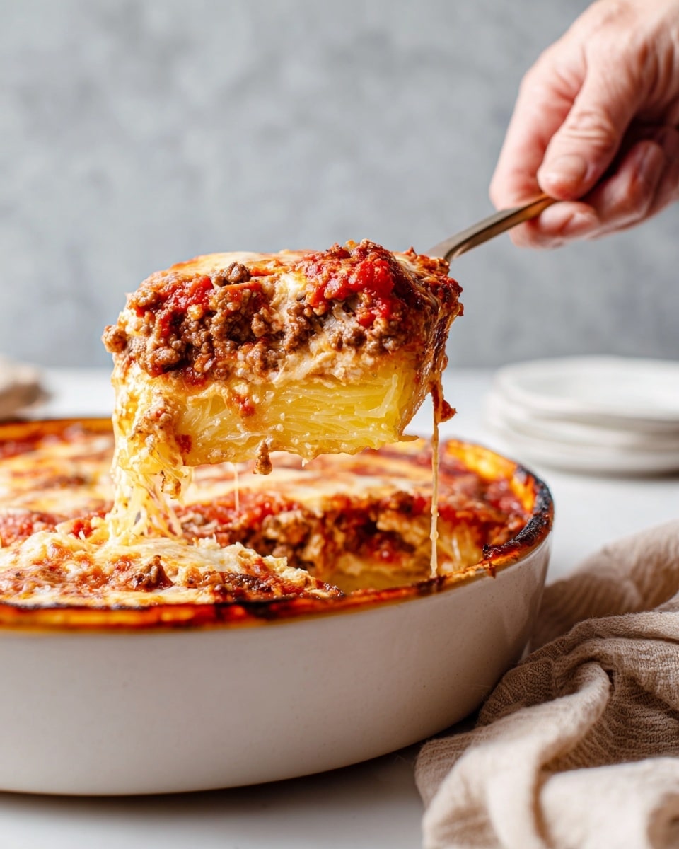 A woman's hand holding a fork lifting a serving of spaghetti squash lasagna from a white dish, showing three visible layers: the bottom layer of pale yellow spaghetti squash strands, the middle layer of bright red tomato meat sauce mixed with chunks of ground meat, and the top layer of creamy white ricotta cheese blended with browned ground meat and sauce. The white marbled surface is in the background with a light beige cloth nearby. Photo taken with an iphone --ar 4:5 --v 7
