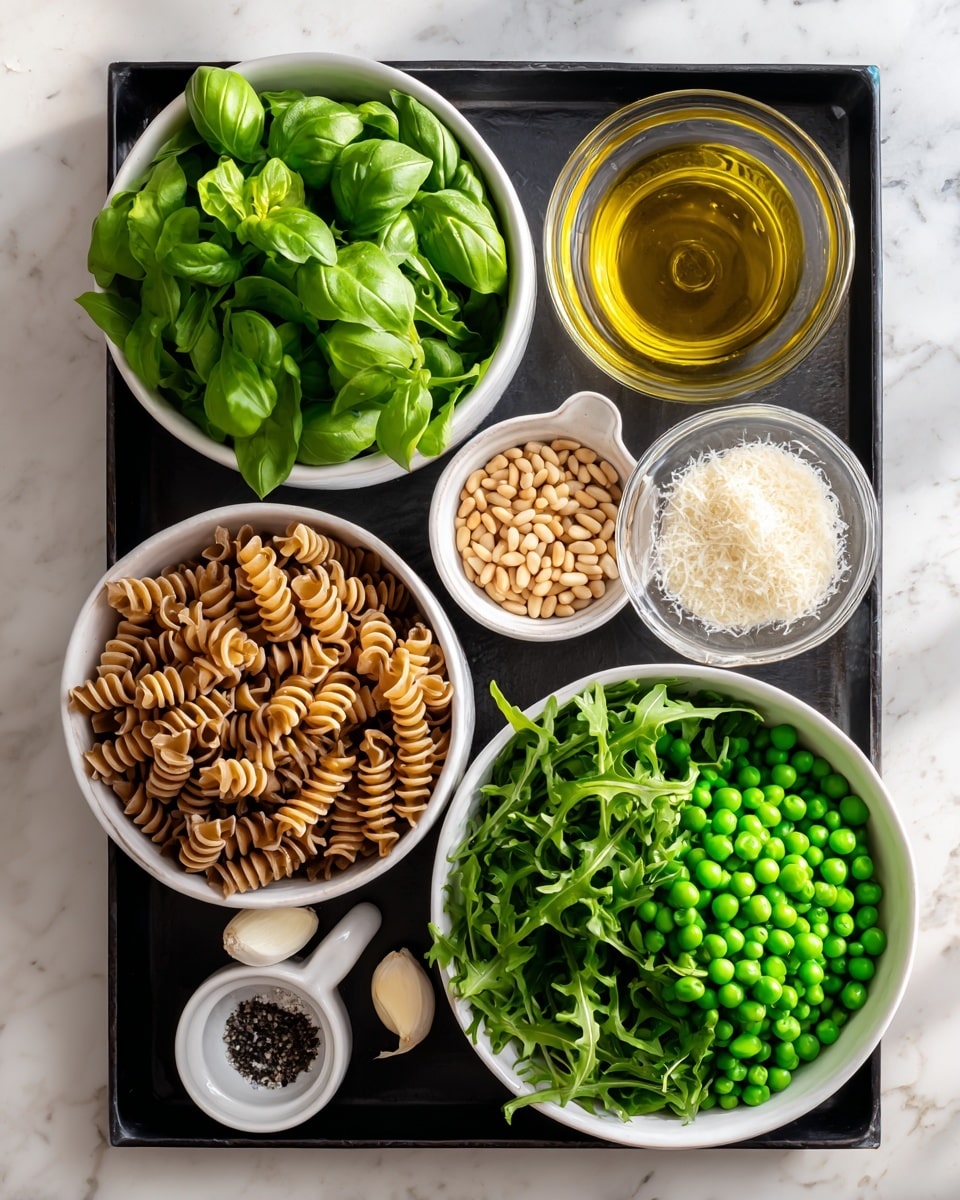The image shows a black tray placed on a white marbled surface, holding several white bowls and small clear glass containers filled with different ingredients. In the top left, a small glass bowl with golden olive oil sits next to a white bowl packed with fresh bright green basil leaves. To the right, another white bowl is filled with vibrant dark green arugula, and a small glass bowl beside it contains finely grated vegan parmesan that looks pale and crumbly. A tiny glass container holds clear lemon juice, placed near a white bowl filled with light brown pine nuts in the center. Below, a white bowl in the bottom left corner holds brown wavy pasta. To its right, a bowl of round bright green peas and a small glass bowl with two white garlic cloves complete the layout. A small white dish with black pepper and white salt is also on the tray near the basil. The arrangement is neat and colorful, showing the ingredients clearly. Photo taken with an iphone --ar 4:5 --v 7